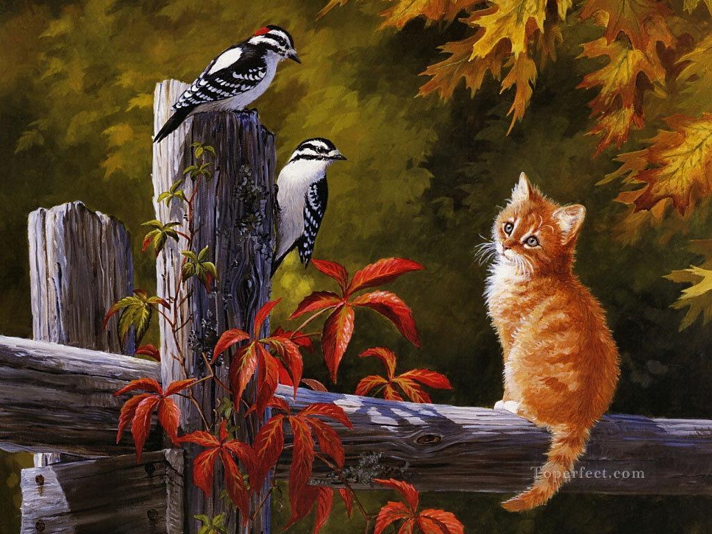 Cat With Birds Oil Paintings